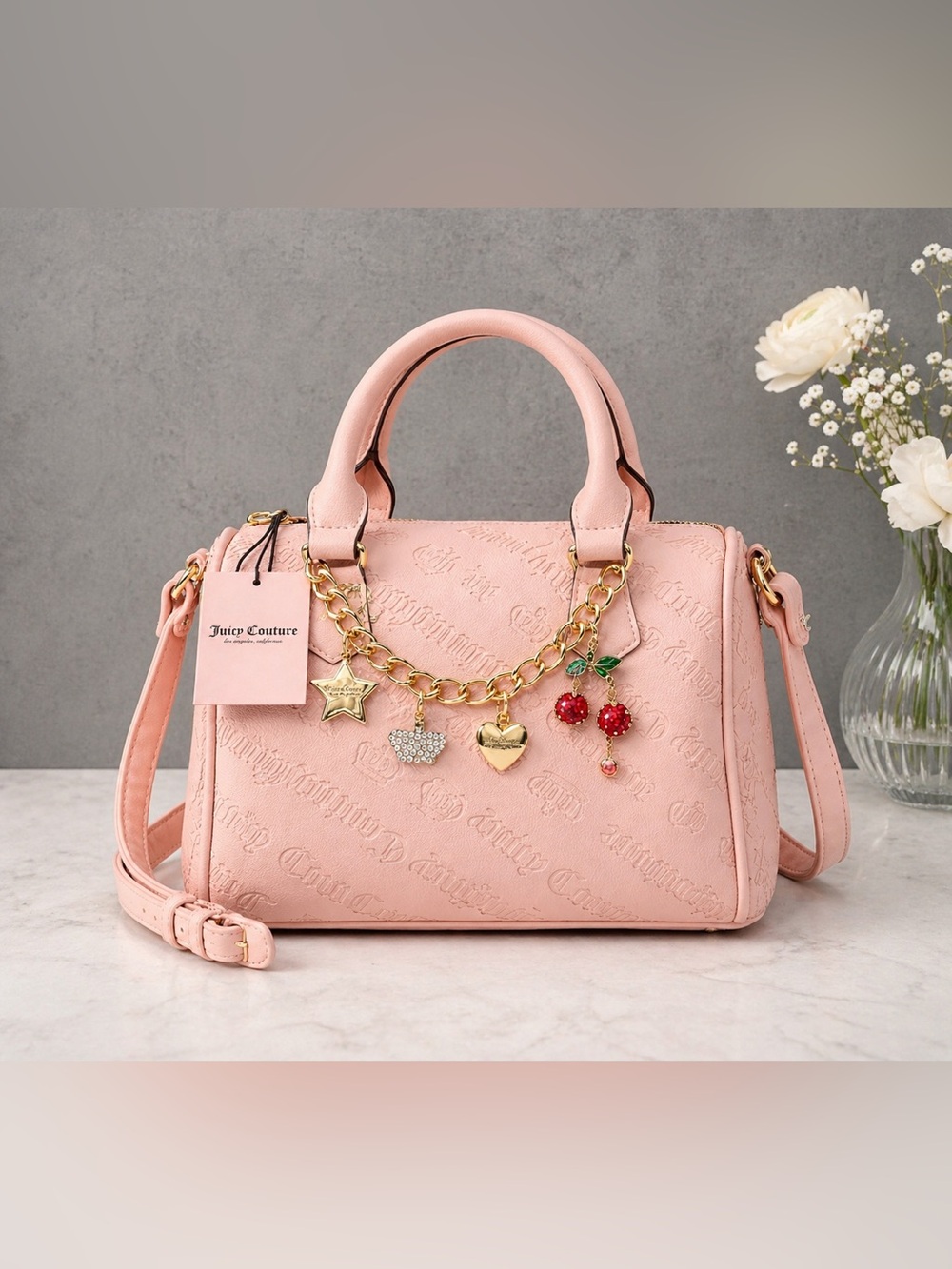 Juicy Couture Pink Satchel Bag Y2K Charm Embossed Logo Crossbody Purse NWT Gift